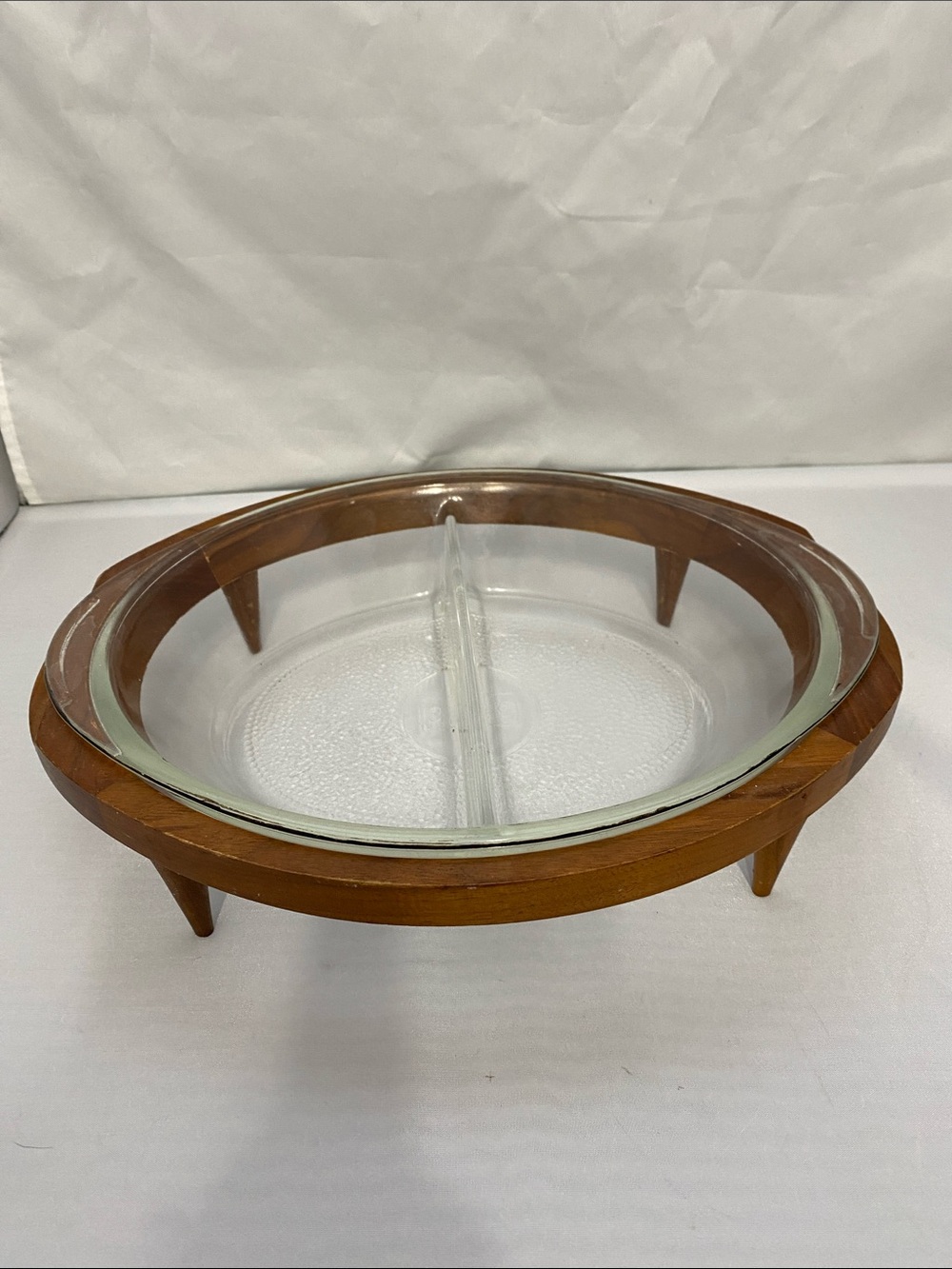 Mid-Century Round Divided Serving Dish with Wood Stand
